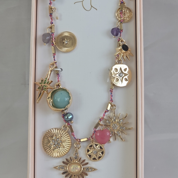 NIB Camila Coelho Gold Celestial Charm Necklace Turquoise Jade Pearl & Amethyst - Picture 1 of 5